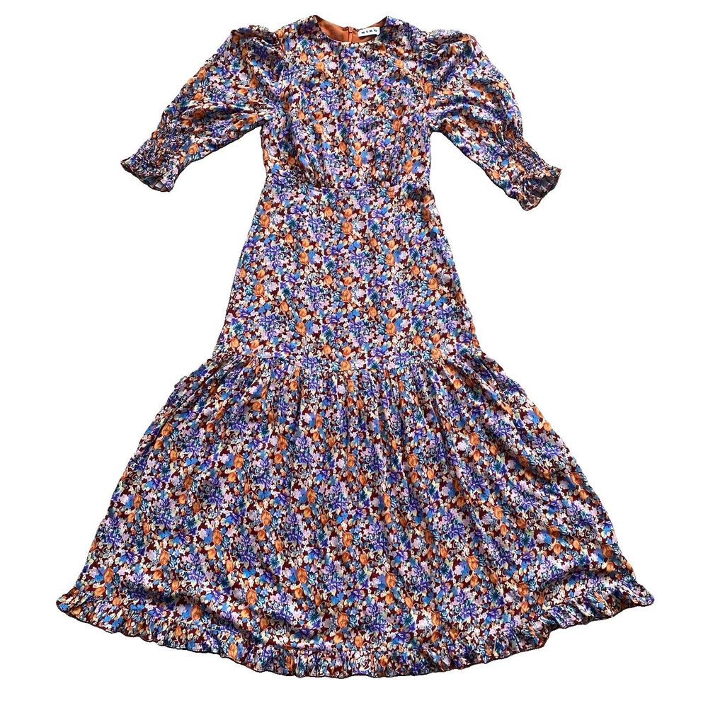 Rixo Petal Tiered Midi Dress Size XXS Floral Red Orange Puff Sleeve US Size 2
